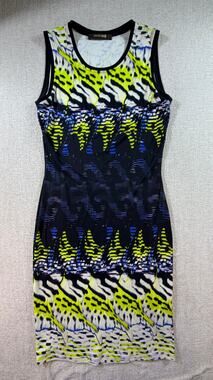 Roberto Cavalli Women 6 Black Yellow Optical Print Tank Dress Designer Fit
